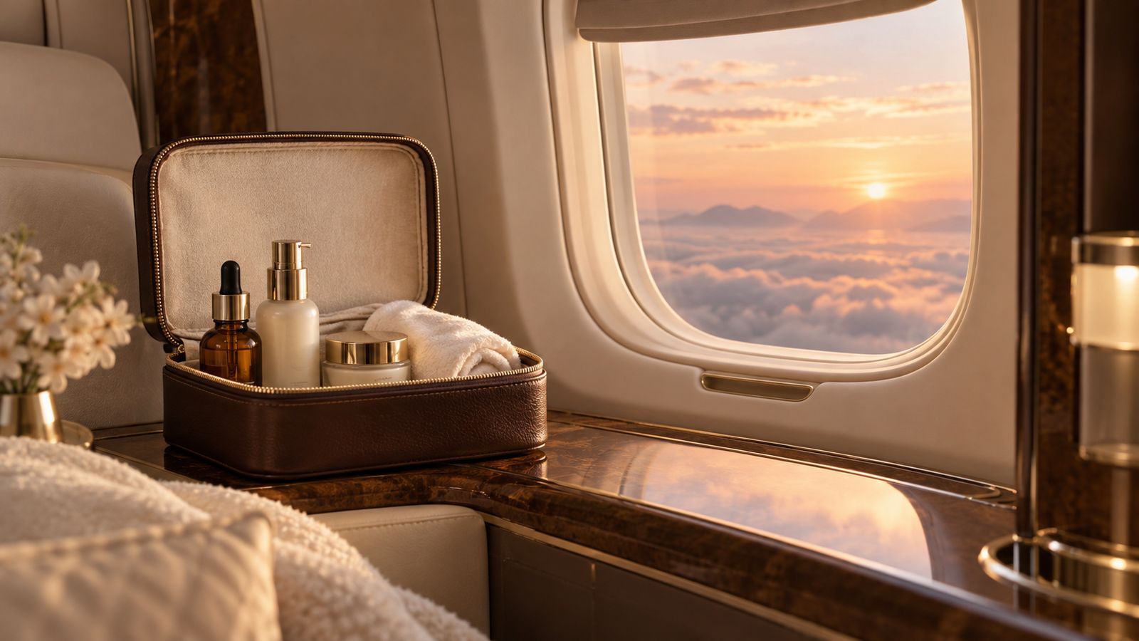 Open espresso leather travel case with three unlabeled skincare bottles on a first-class cabin ledge at dawn.