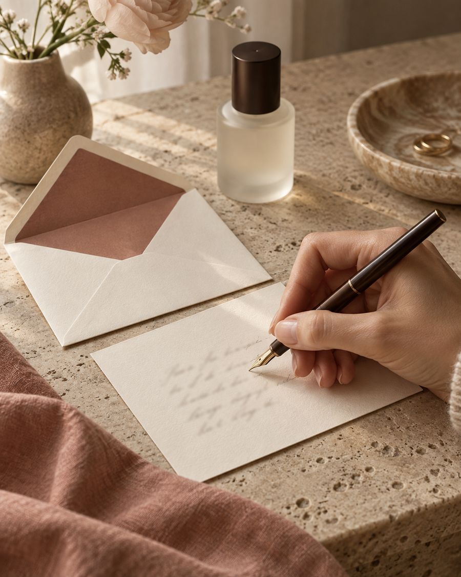 A hand writing a note with a fountain pen on an ivory card, beside an open envelope and a small unlabeled frosted bottle on travertine.